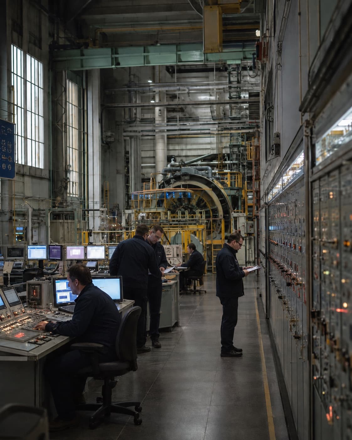 Operators working at consoles and a control wall on an industrial plant floor