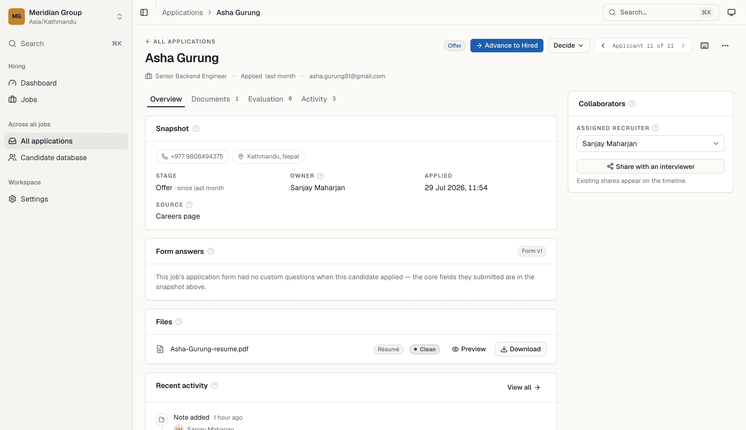 Quarve ATS: a candidate record with stage, ownership, source, files and recent activity consolidated in one place