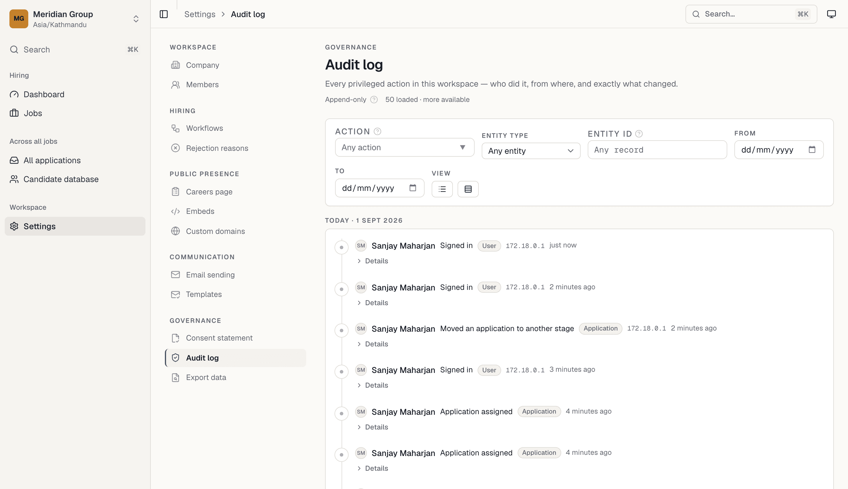 Quarve ATS: the append-only audit log, recording who performed each privileged action, on which entity, and when - with filters by action, entity and date