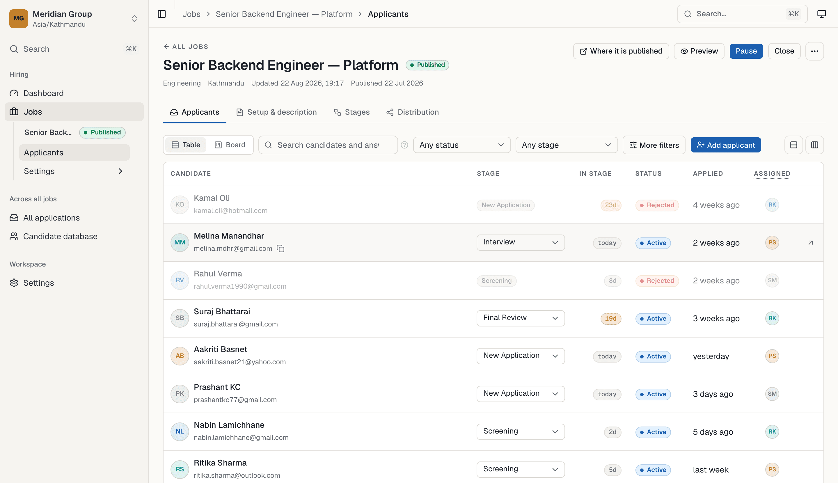 Quarve ATS: the applicant list of a published requisition, with candidates spread across the hiring stages, each with status, time in stage and an assigned recruiter