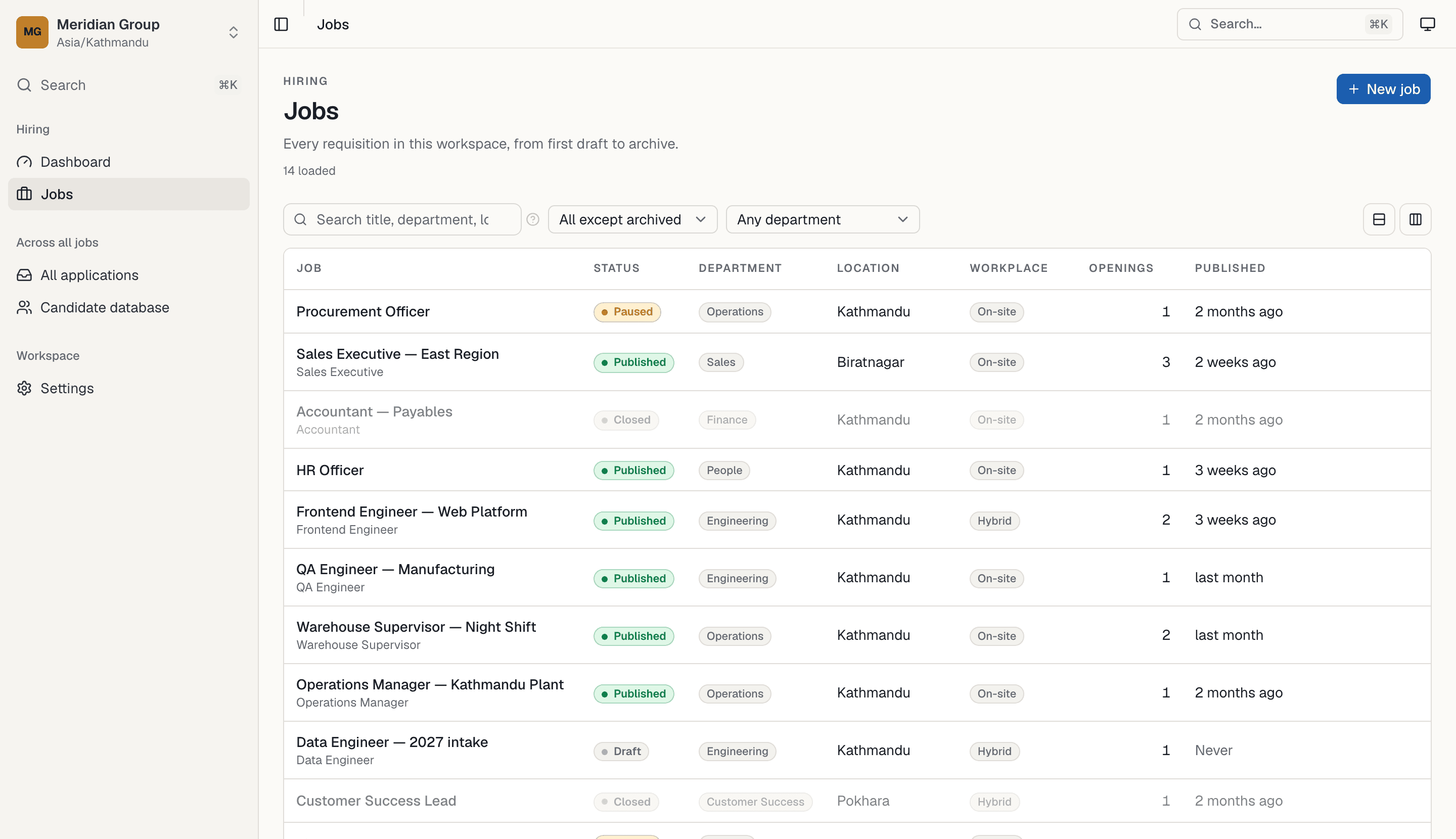 Quarve ATS: the jobs list showing requisitions in draft, published, paused and closed states, each with department, location and openings