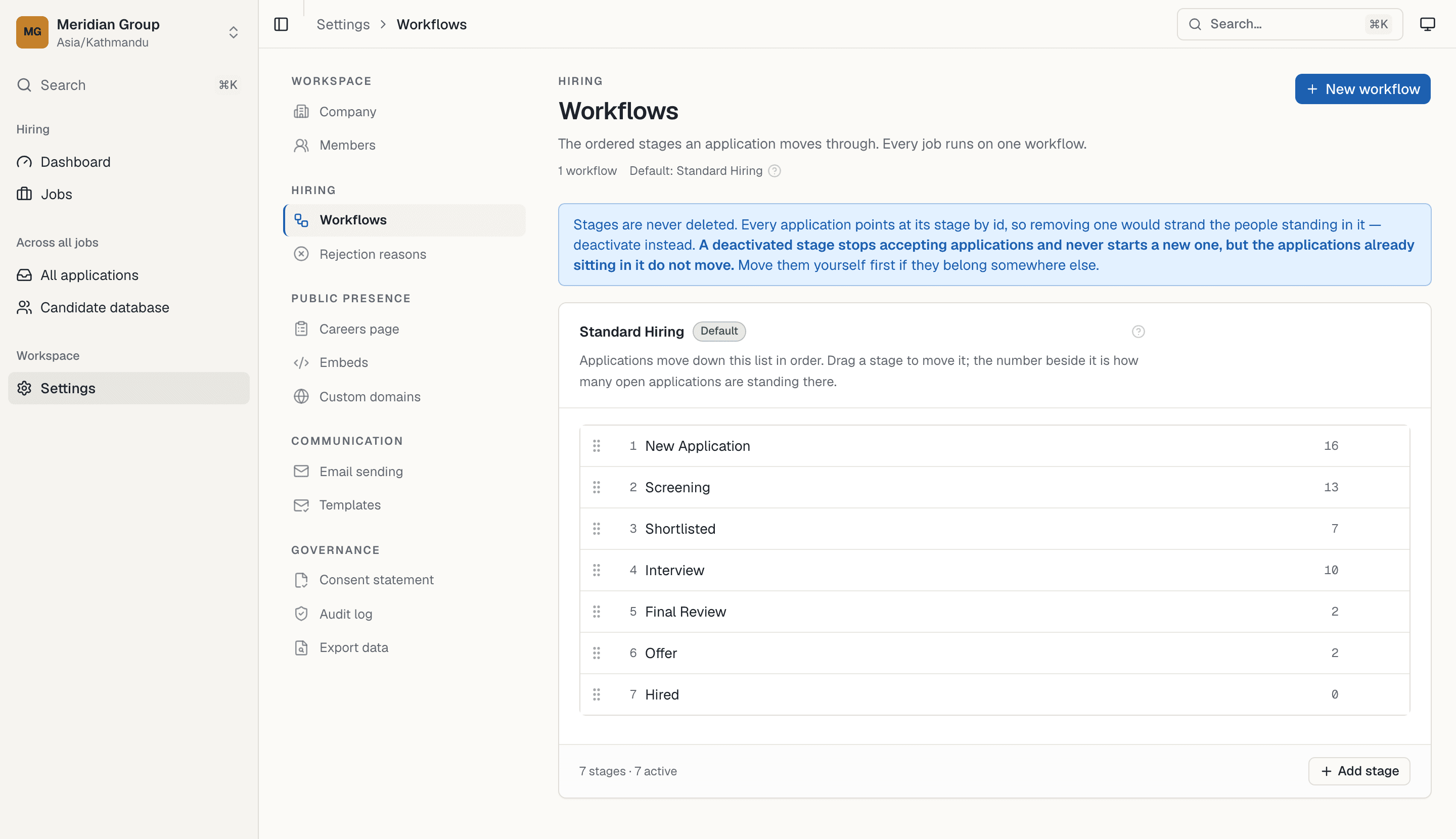 Quarve ATS: the workflow editor showing seven ordered hiring stages with live application counts - stages are deactivated, never deleted, so no application is ever stranded